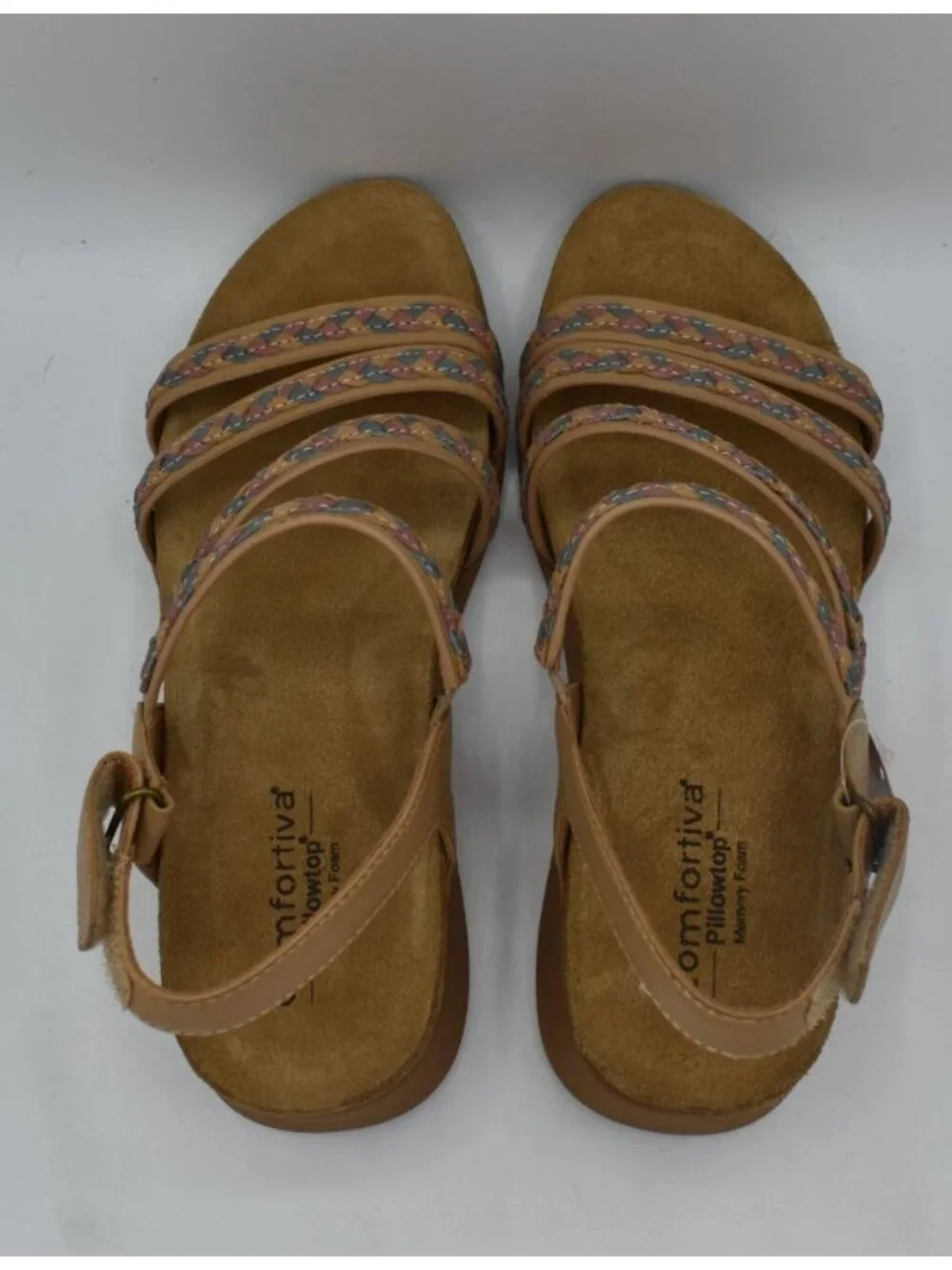 Comfortiva Women 9.5‎ Silvia Caramel Multi Color Leather Wedge Strappy Sandals